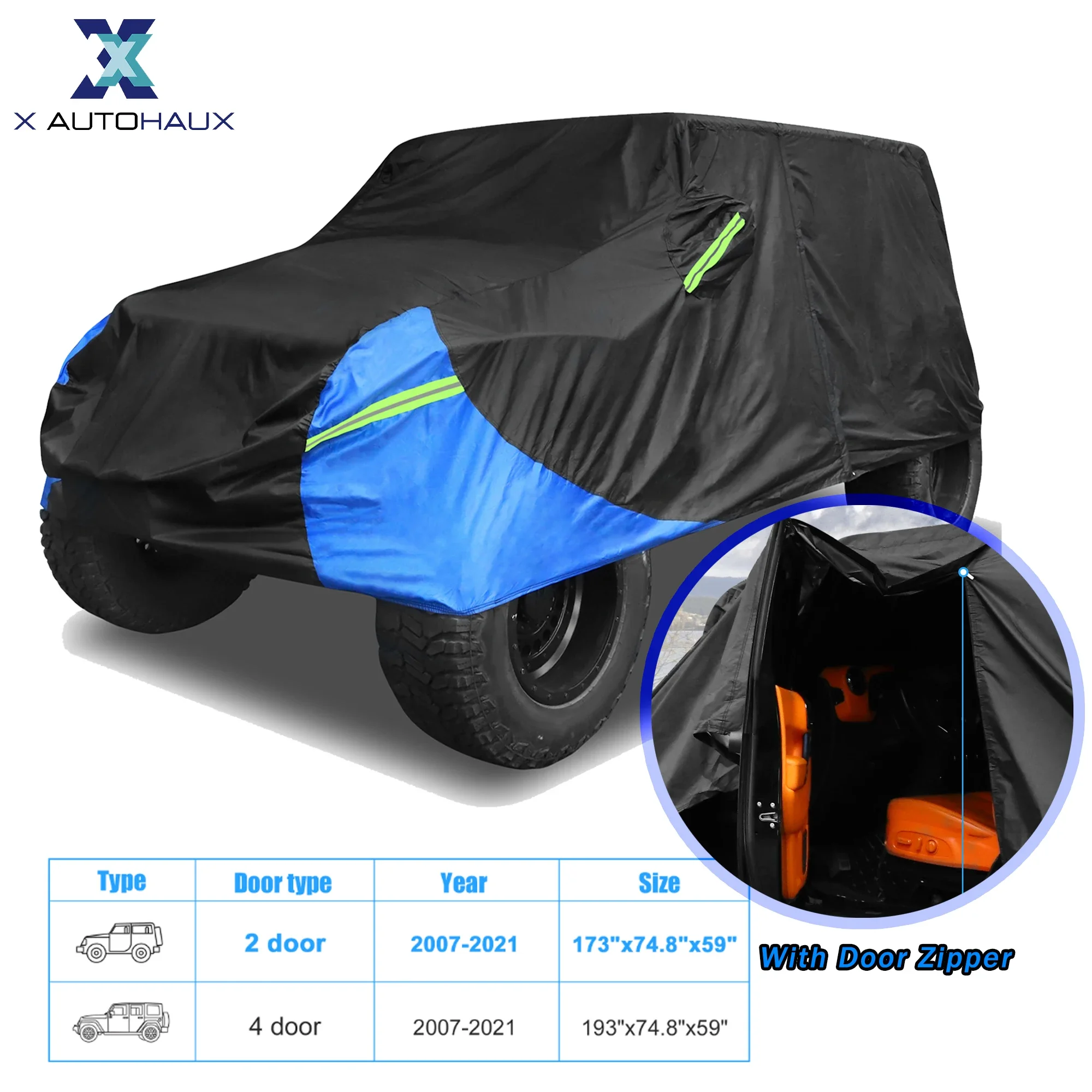 X Autohaux 자동차 커버, 지프 랭글러 JL 2 4 도어 2018 2019 2020 2021, 야외 방수 햇빛 비 바람 보호, 블랙 블루 