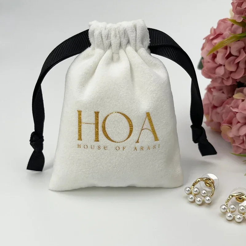 Custom Logo White Drawstring Bag Soft Velvet Jewelry Packaging Bags for Jewelry Storage Small Pouch Favor Gift Bag 20pcs