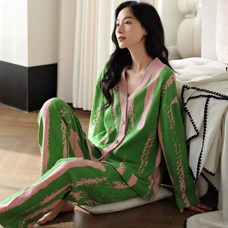Pure Cotton Pajamas Women's Spring Autumn Long-sleeved Cute V-neck Korean Version Loose Suit Loungewear Can Be Worn Outside