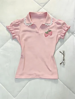 Sweet Design Patchwork Lace Slim T-Shirts Women Casual Kawaii Strawberry Embroidery Polo Collar Tees Fashion Lovable Clothes 1