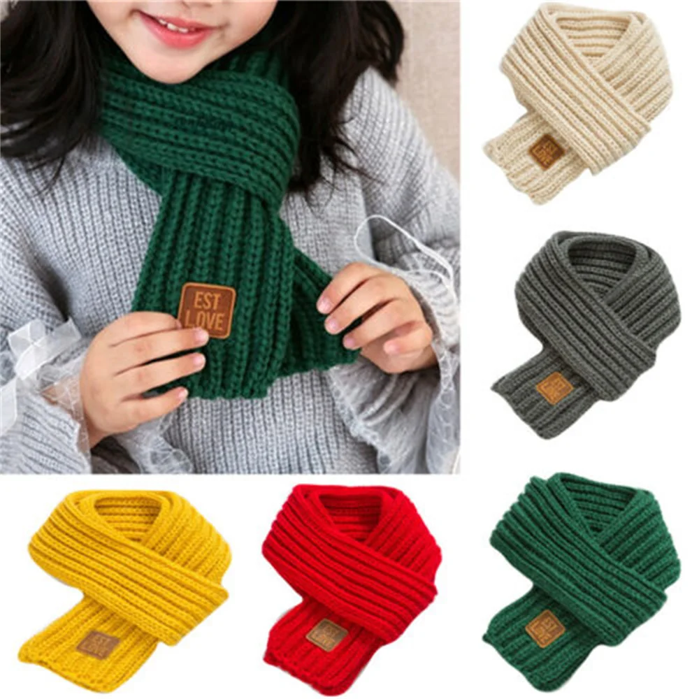 2023 Winter Children Colors Soft Knitting Wool Thermal Scarf Boys Girls Lovely Outdoor Warmer Scarf Kids Solid Labelled Scarf