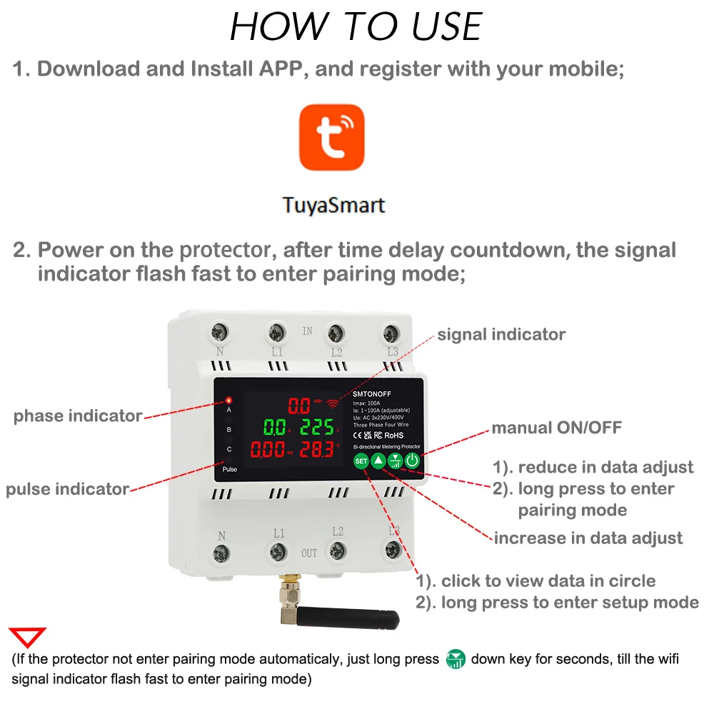 Tuya WiFi Three Phase 4P 100A Auto-Reclosing Over Under Voltage Protector Prepai