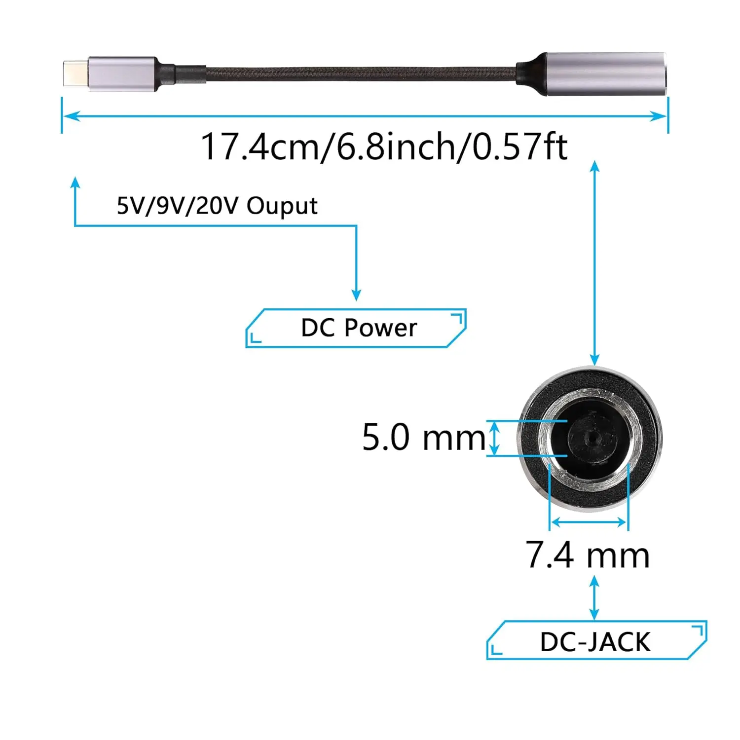 PD 100W DC 7.4mm x 5.0mm Female(7.4 x 0.6mm) Input to USB Type C Male Power Charging Cable, 100W DC7450 to Type C Cable with PD