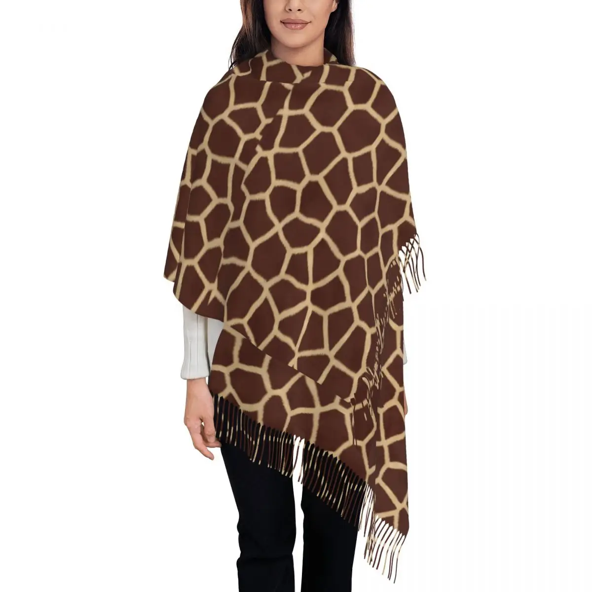 

Lady Scarf Outdoor Brown Giraffe Headwear Scarves with Long Tassel Animal Fashion Shawls Wrpas Winter Graphic Bufanda Mujer