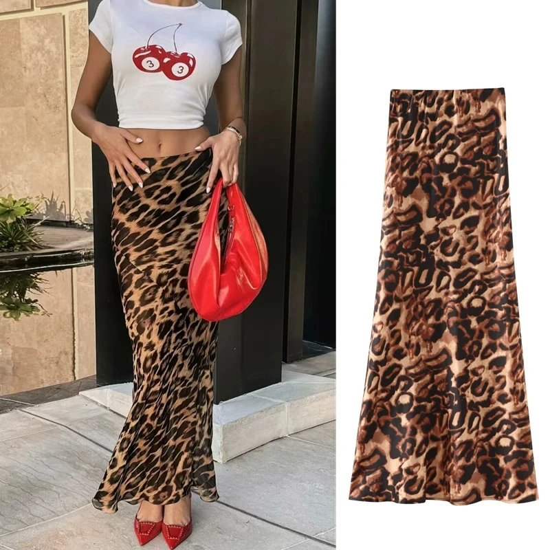 PB&ZA Women's 2024 Summer New European and American Style Fashion Silk Satin Texture Printed Leopard Print Skirt
