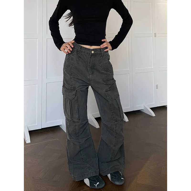 YIBASHU Women Vintage Gray Gothic Cargo Jeans Y2k High Waist Wide Leg Denim Trousers Harajuku Baggy Jeans Pants 2000s Clothes 5