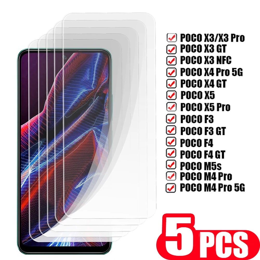 

5Pcs For xiaomi Poco F4 F3 GT Tempered glass protective film Poco X4 GT X5 Pro 5G M4 M5 M5s X3 NFC screen protector on the Glass