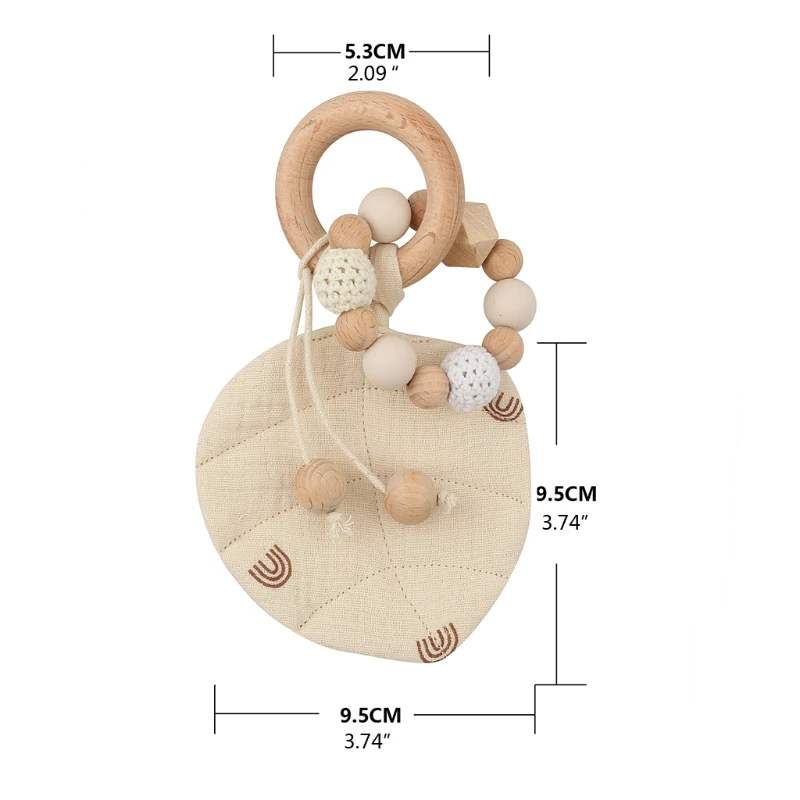 HUYU Baby Wooden Teether Ring with Leaves Shape Absorbent Cloth Towel Blanket Rattle Beads Molar Toy Newborn Soother Bracelet