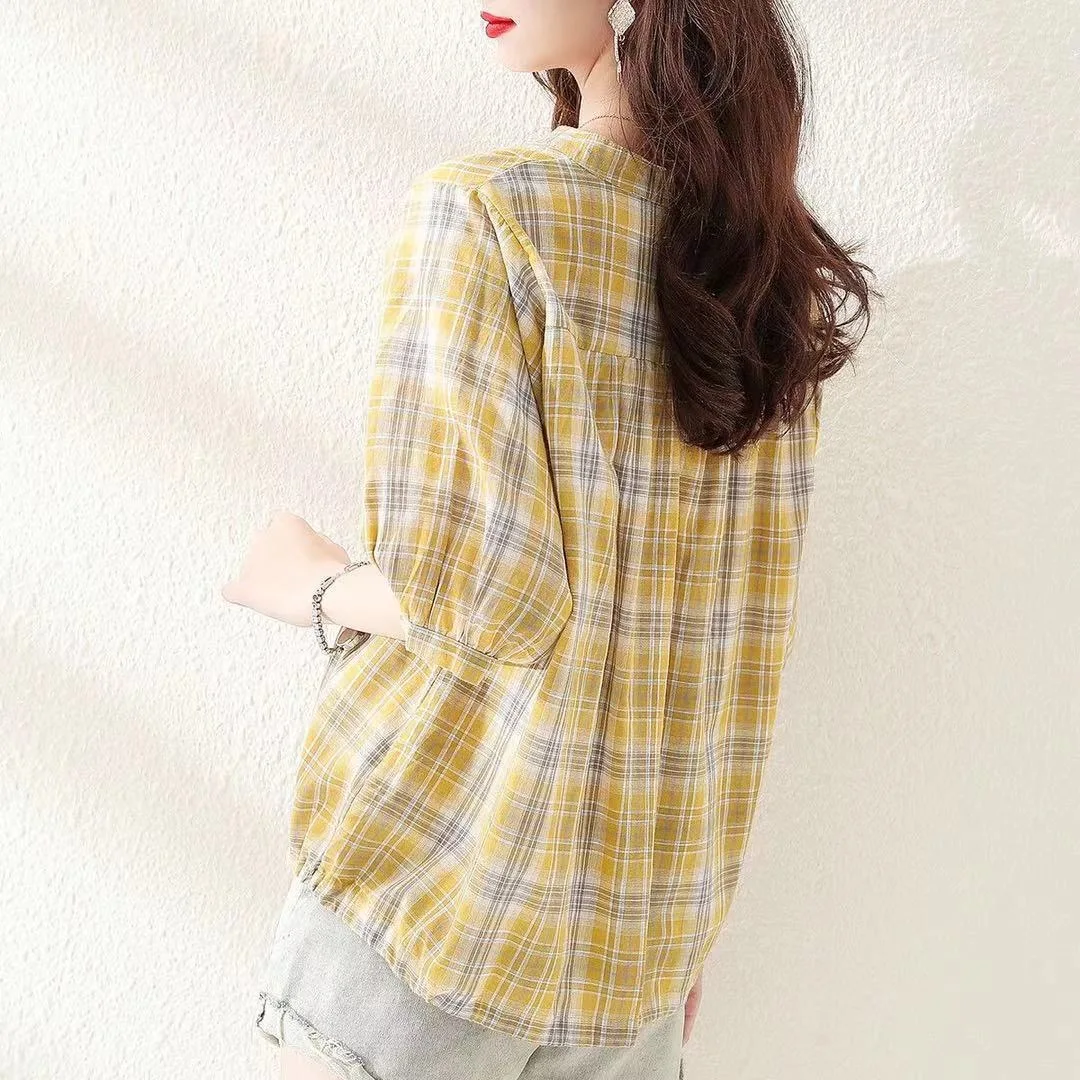 Blusas de verano para mujer, informales, con cuello en V, manga corta, a rayas y estampado DF4537