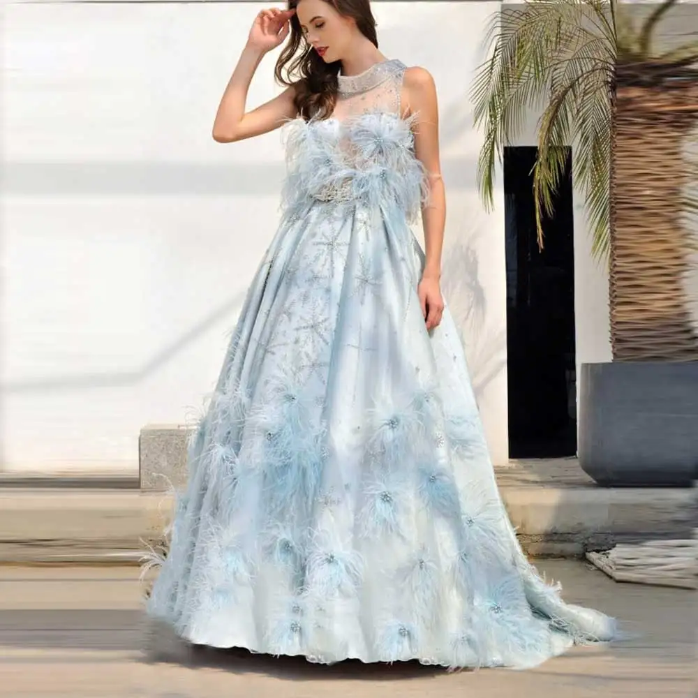 

Luxury Crew-Neck A-Line Crystal Evening Party Dress Sleeveless Women's Fashion Pleated With Feather Sweep Train Zipper Prom Gown