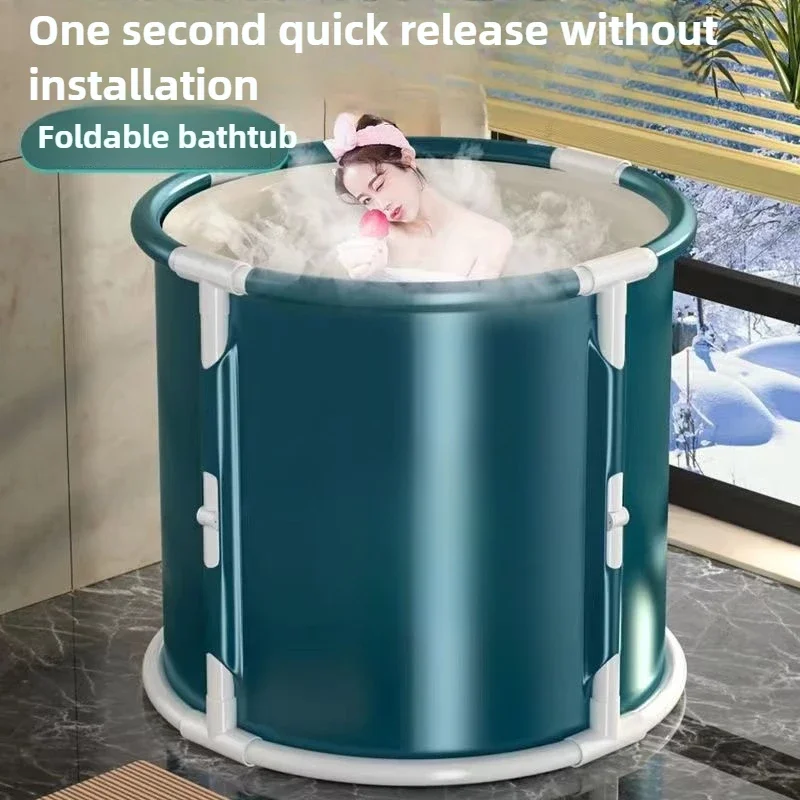 Folding Household Bath Tub Adult and Child Bath Tub Full Body 6 Layers Thickened with Seat Cushion Dark Green