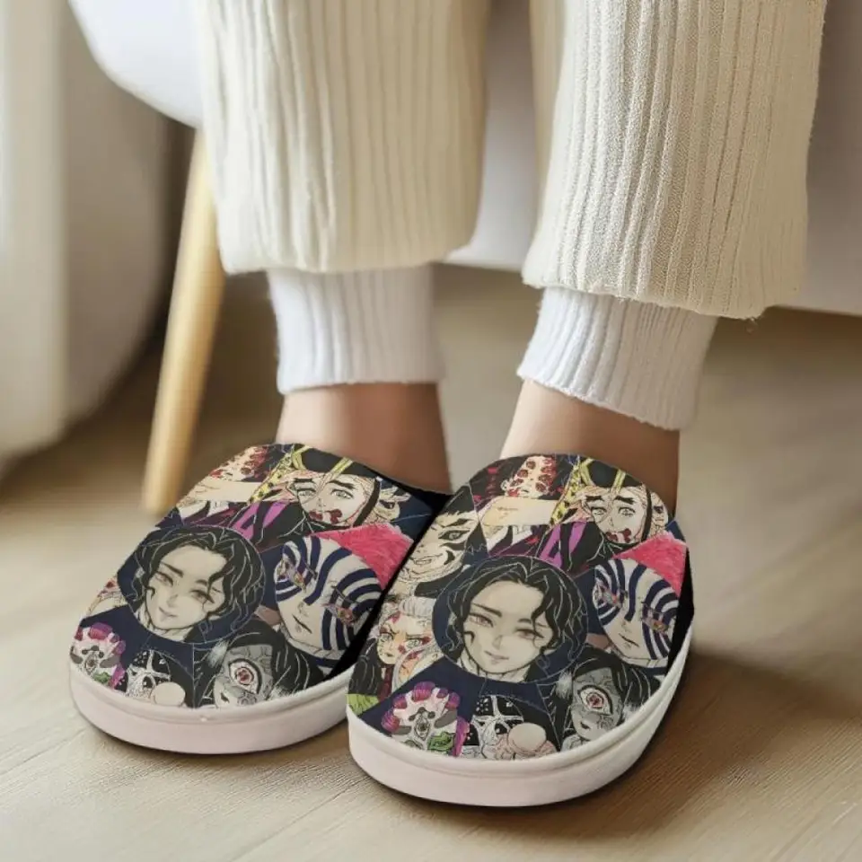WANHONGYUE Anime pantoffels voor dames en heren, pluche huisslippers met rubberen zool, warm voor winter, binnen en buiten, anti-slip schoenen, 5/5.5 UK Men/ 4.5/5 UK Women Wide