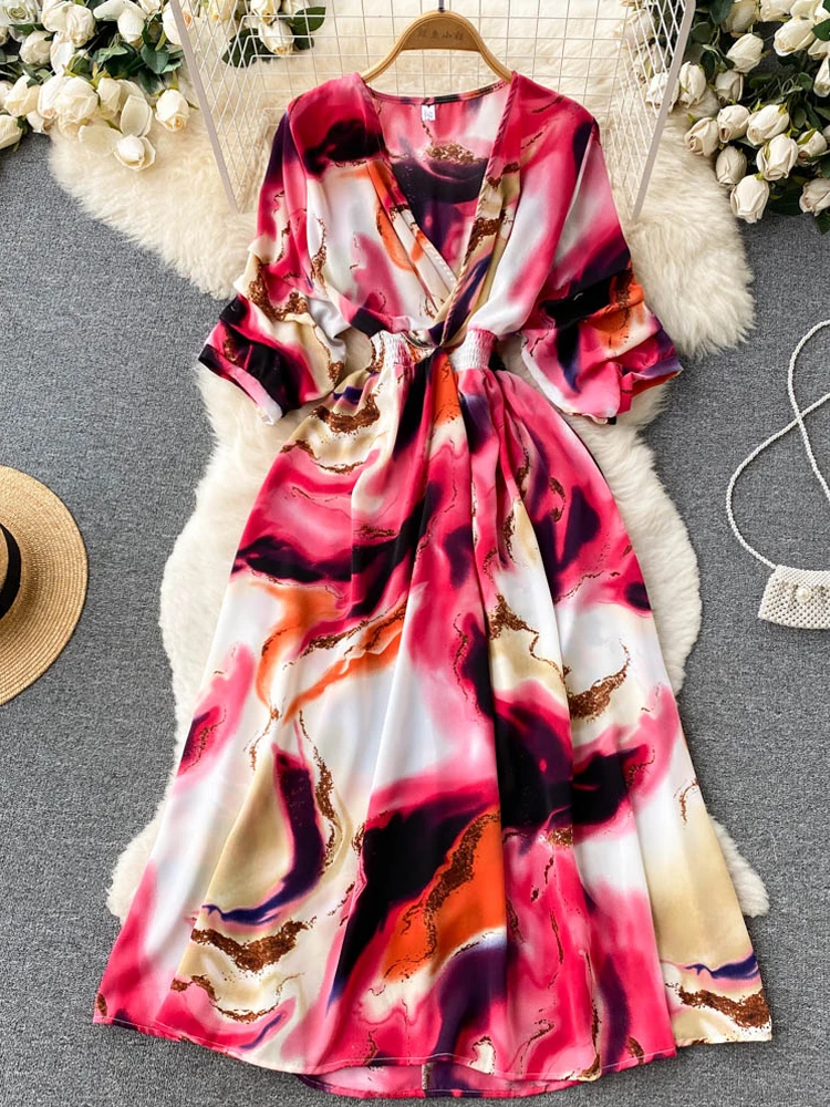 

YuooMuoo Women Dress Fashion Print Slim Waist Long Maxi Dress Vacation Season Summer Beach Robe Femme