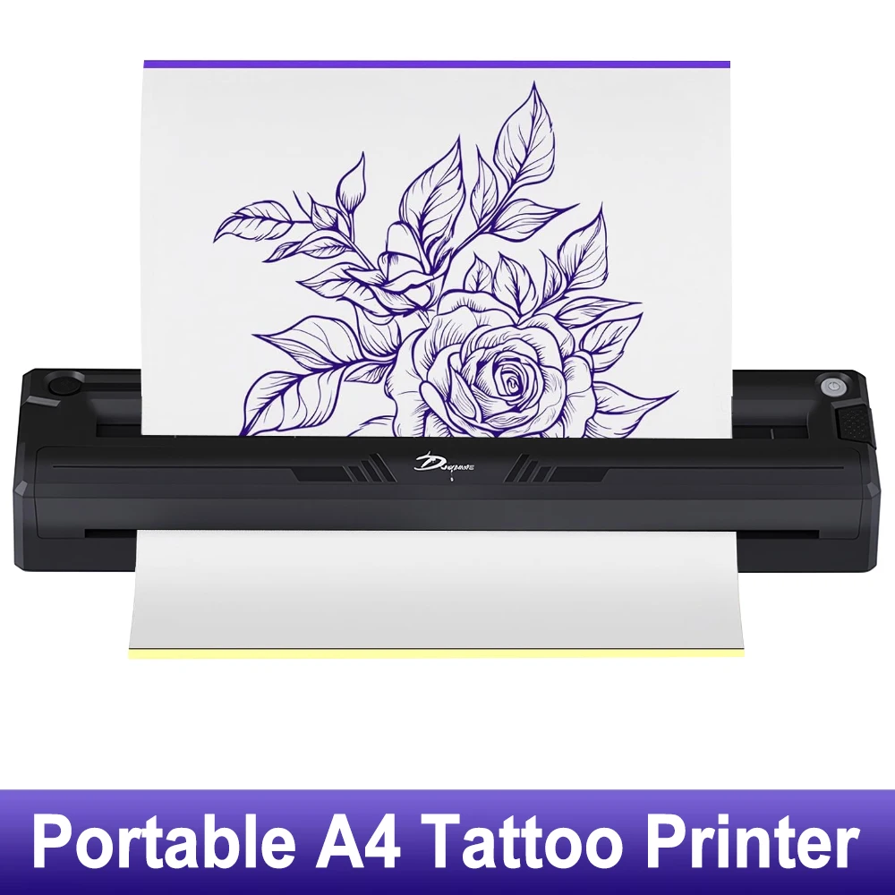 Imprimante à tatouages portable A4 ou seulement 20 feuilles de papier transfert, kit d'impression thermique sans fil M8 compatible avec téléphone et PC