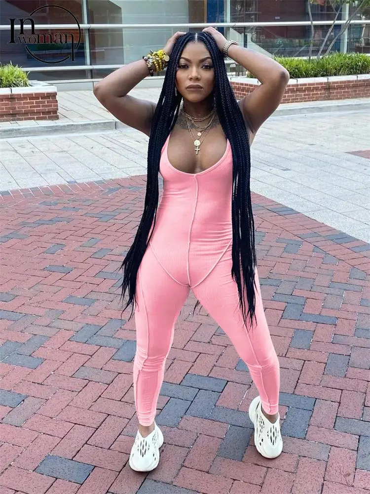 

Inwoman Spring Sexy Solid Cami Ribbed Bodycon Jumpsuit Outfits For Women 2023 Patchwork One Piece Jumpsuit Female Pink Jumpsuit