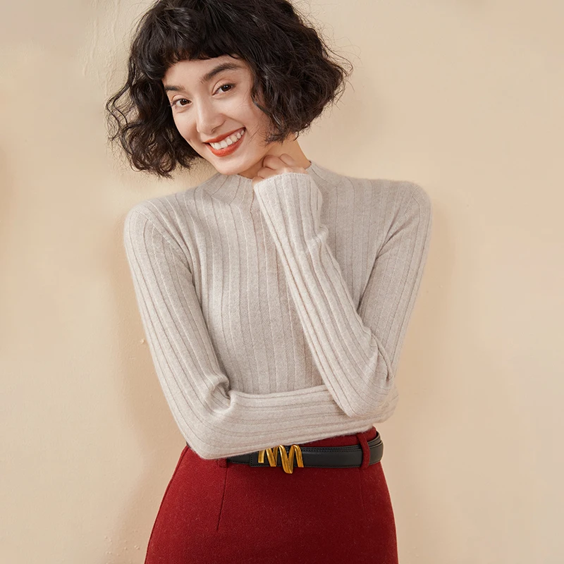 100% cashmere sweater women's semi high neck knitted women's pullover sweater slim fit solid color hot selling women's top 2