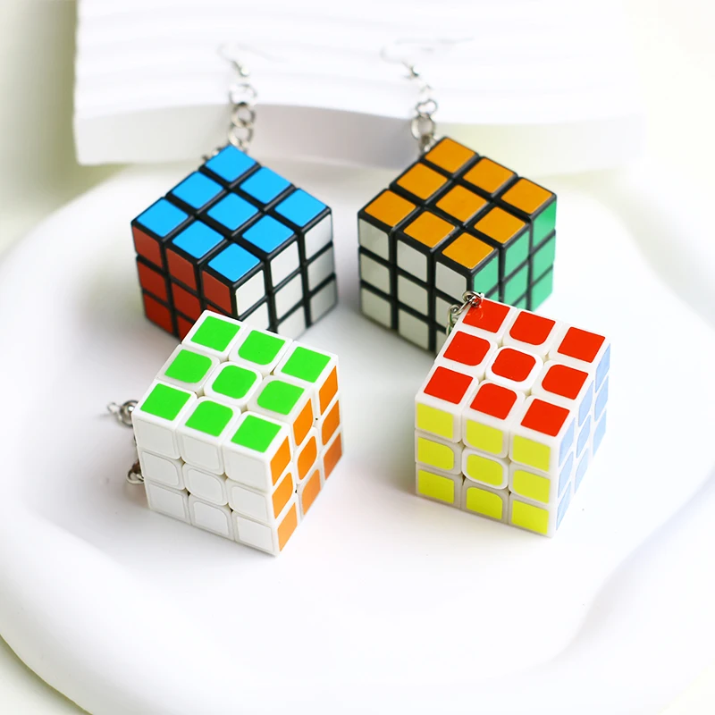 Donarsei Funny Resin 3D Magic Cube Drop Earrings for Women Colorful Geometric Speed Cube Dangle Earrings Novelty Jewelry