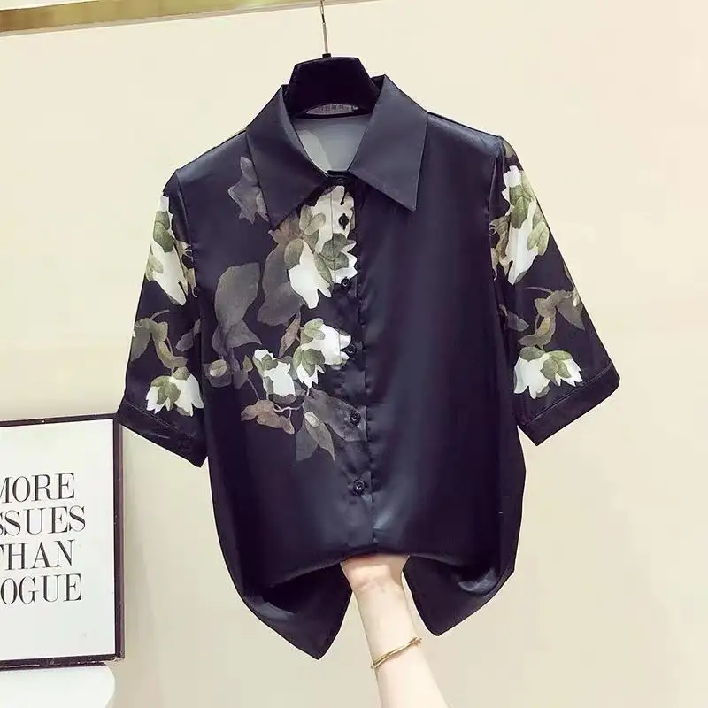 

Blusa Mujer Moda 2023 Vintage Black Shirt Women Print Chiffon Short Sleeve Top Summer New Camisas De Mujer