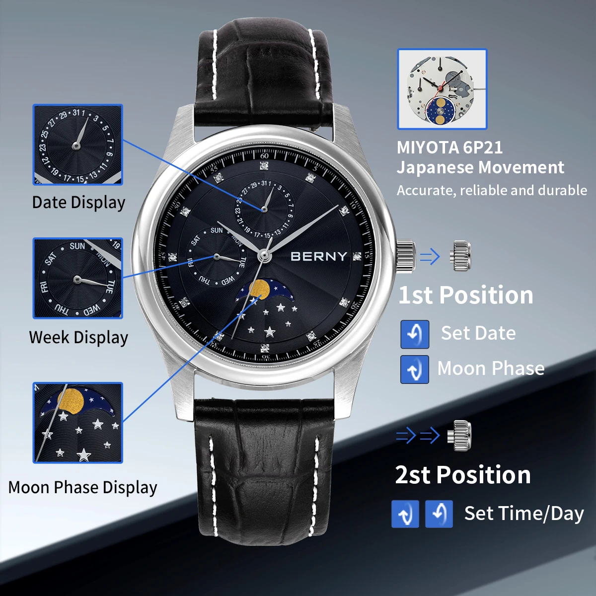 BERNY Quartz Couple Watch Sapphire 34/38mm Dial Diamond Moon phase Calendar Wristwatch Day-Date Dial Blued-steel hand Wristwatch