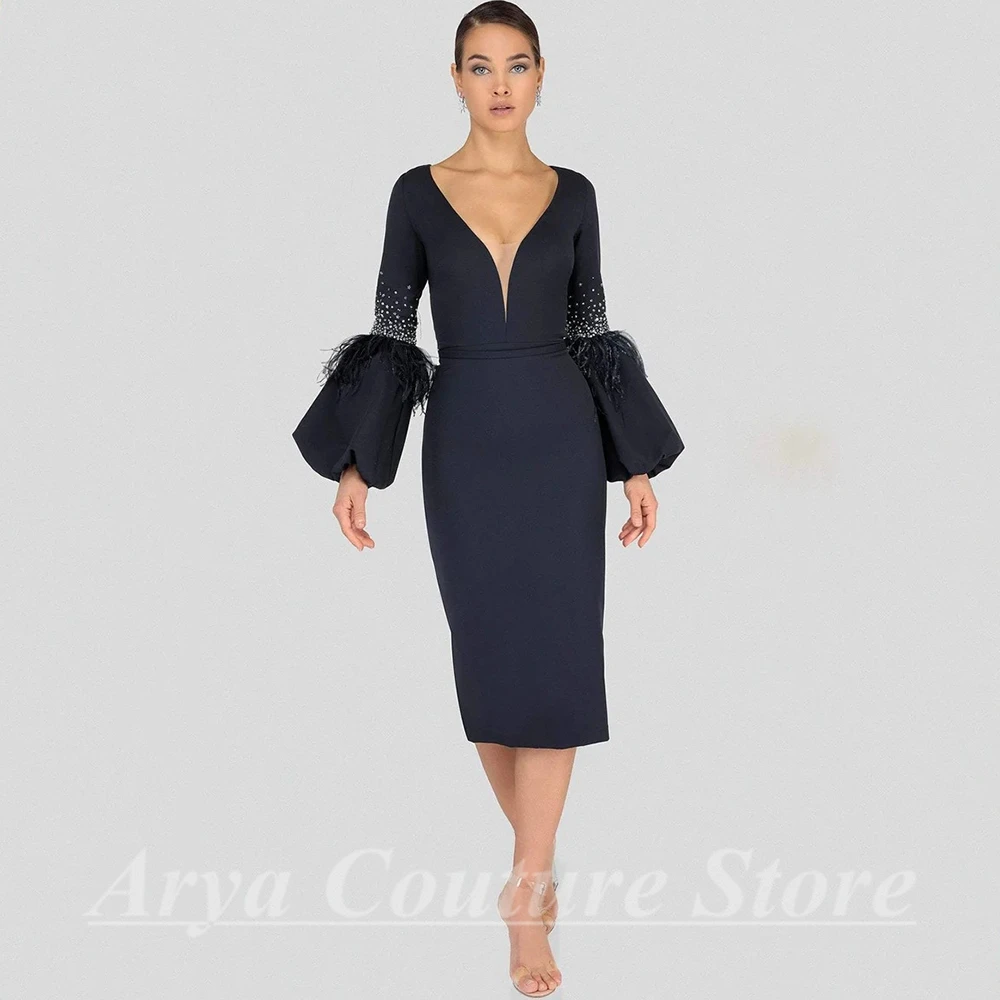 Chic Tea-Length Mother of the Bridal Dress with Belt V-Neck Long Sleeve Jersey Beading and Feathers Custom Made Gown for Wedding