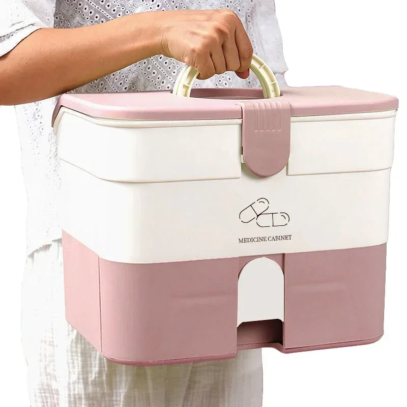 

Plastic First Aid Storage Box Container Bin with Removable Tray and Portable Handle Family Emergency Medicine Kit Case Organizer