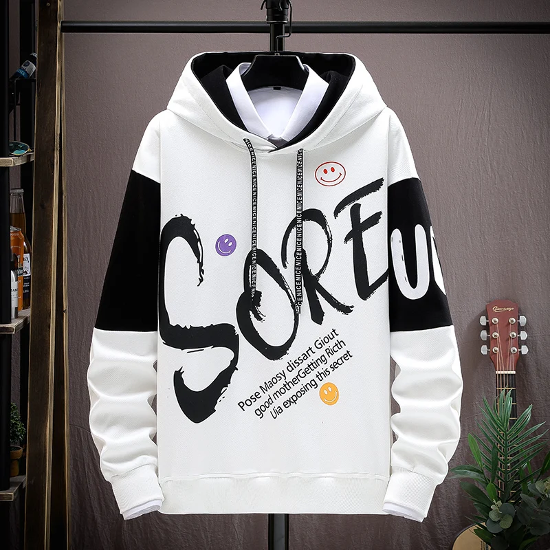 Latest Black And White Big Letter Logo Fleece Loose Couple Streetwear Sweatshirt Men Women Harajuku Style Casual Hoodie | Мужская одежда