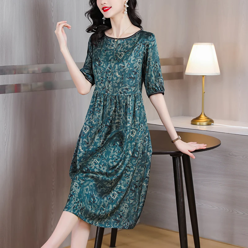 여성 녹색 인쇄 멀 베리 실크 미디 드레스 여름 한국 빈티지 캐주얼 파티 Vestidos 2024 새로운 우아한 느슨한 플러스 사이즈 드레스