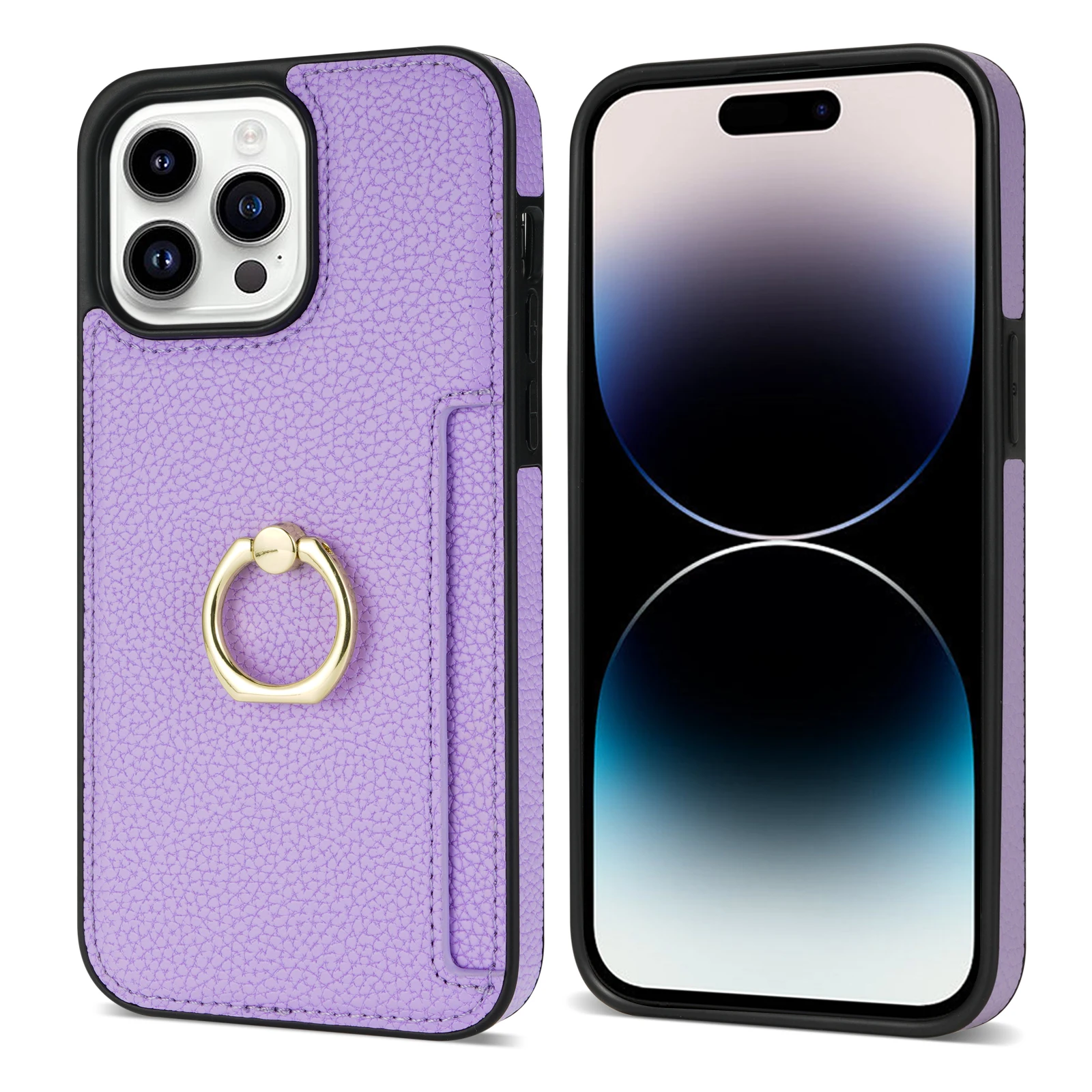 Luxurious Leather Wallet Phone Case with Ring Holder and Card Slot - Litchi Stand Cover
