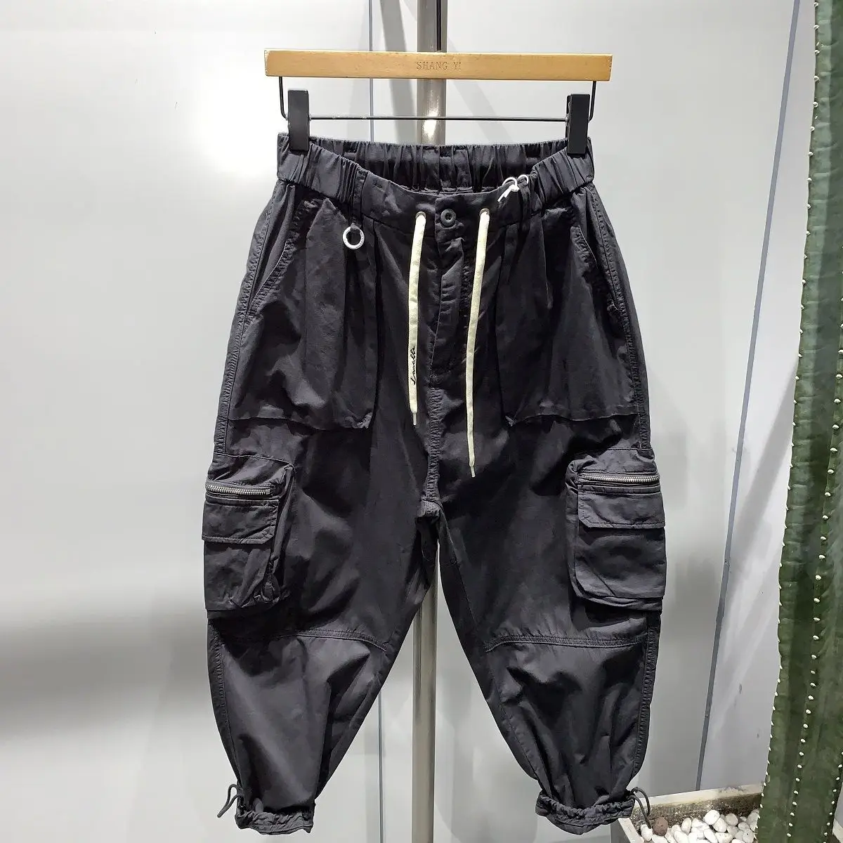 Description Picture 3 of itemPants Men's Summer Drawstring Overalls Spring New Fashion Street Outdoor Wide-leg Harem Pants Solid Color Pockets Trousers