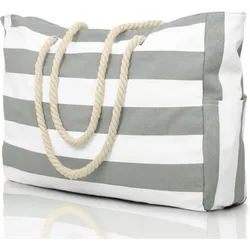 Chic Striped Waterproof Beach Tote with Foldable Design and Ample Storage (Light Gray)