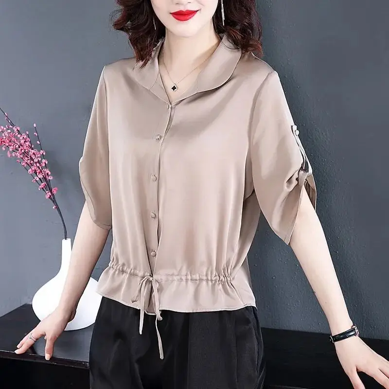 Fashion Commute Turn-down Collar Blouse Women's Clothing Solid Color Casual Shirring Drawstring Bow Summer Single-breasted Shirt