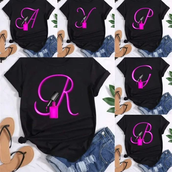 Creative 26 Letters Combination Fashion Women T-shirt Nail Polish Letter Font A B C DShort Sleeve Tops Female Tees Nail Salon 1