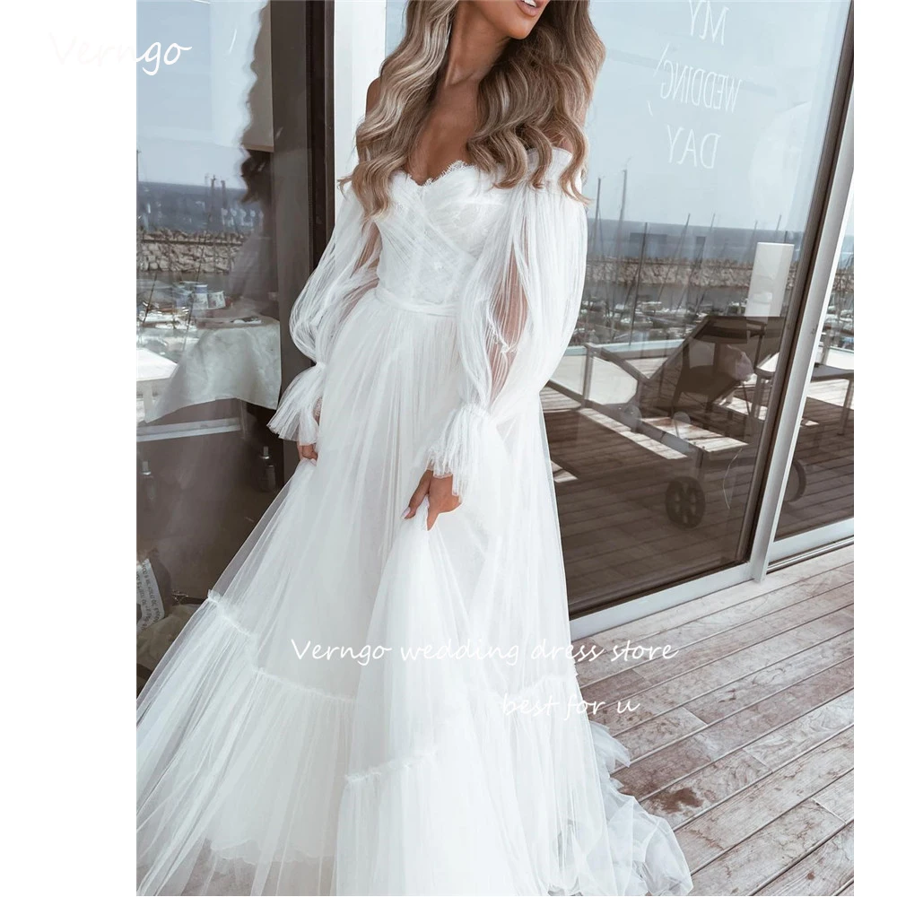 

Verngo 2023 Sexy Off the Shoulder Tulle Wedding Dresses Puff Long Sleeves Princess Bride Bridal Gowns Robe de mariage Vestidos