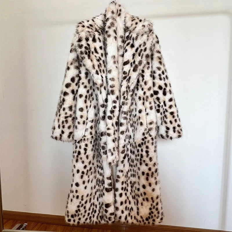 Luxury Maxi Long Leopard Belted Faux Fur Coat Women Winter Brand Fashion Mob Wife Vibe Fox Fur Jacket Overcoat