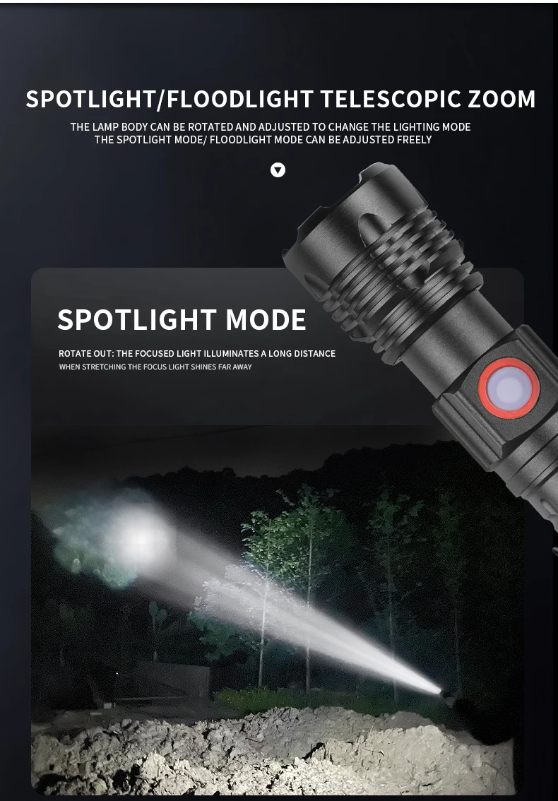 Super Bright XHP50.2 LED Flashlight USB Rechargeable Zoomable Waterproof Flashlight Work Lantern Uses 18650 Battery For Camping hunting flashlights