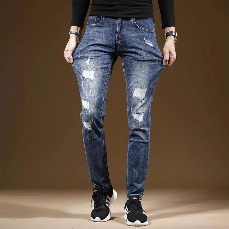 Men Blue Ripped Jeans Autumn Mens Casual Pants Streetwear Fashion Slim Fit Straight Denim Trousers CP1995