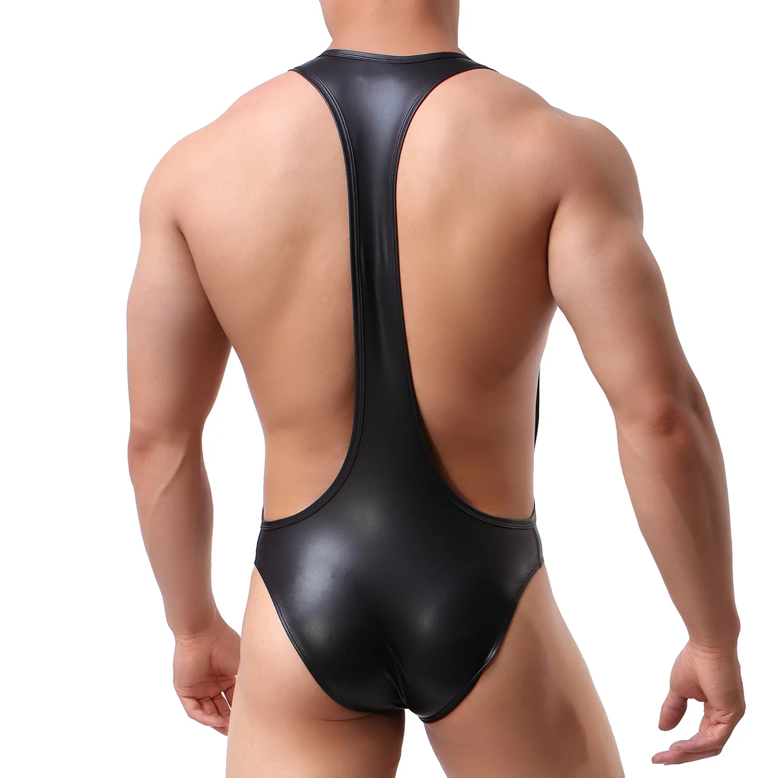 Sexy Men Leather Bodysuits Undershirts Jockstrap PU Leather Jumpsuit Wrestling Singlet Underwear Lingeries Gay Leotards Bodysuit