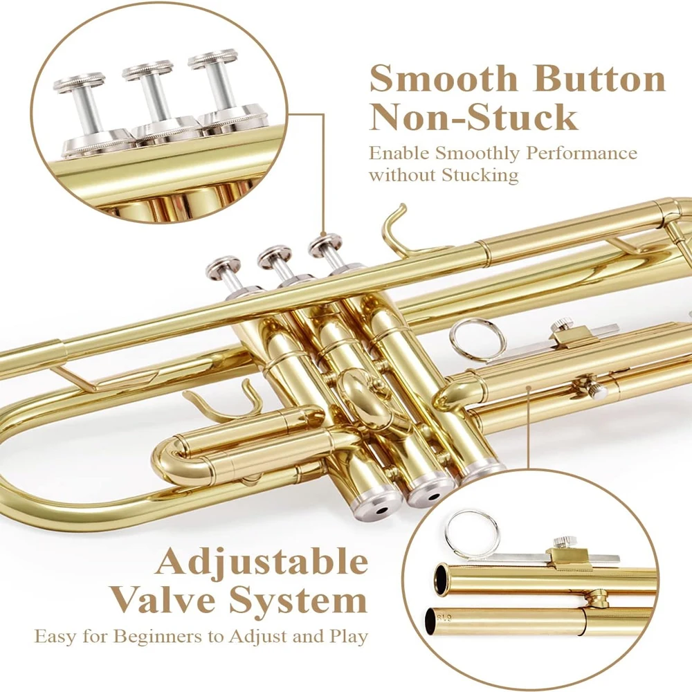 SLADE Bb Standard Gold Trumpet Set Brass Trumpet Beginners Student Instrument Hard Shell 7C Blower Gloves Parts