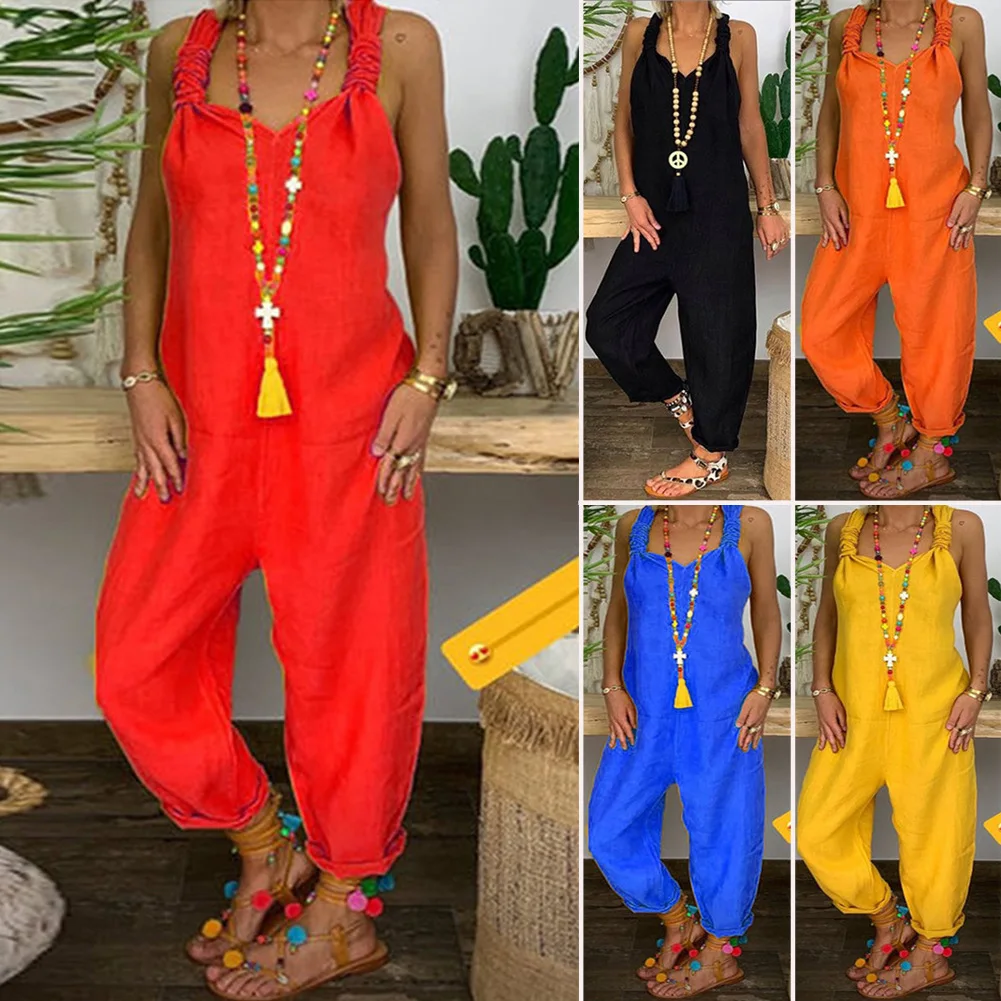 

Summer Loose And Casual Large Size Linen Nine-Point Pants Women's One-Piece Trousers Sleeveless Casual Overalls