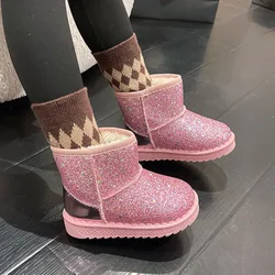 Girls Snow Boots 2023 Winter New Sequin Princess Cotton Shoes Plush Warm Ankle Boots Kids Non-slip Sneakers Pink Girl's Boot