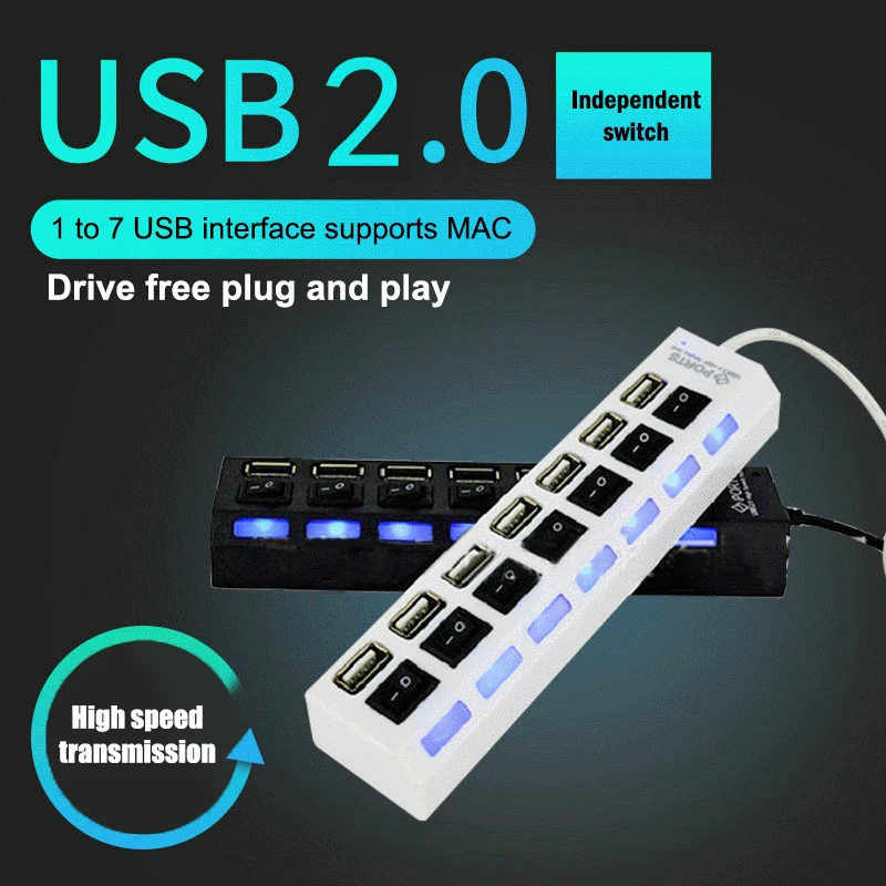High Speed 7Port LED USB 2.0 Adapter Hub Multi-Port Socket Powered ON/OFF Switch Charger Splitter For Computer U Disk 1pcs