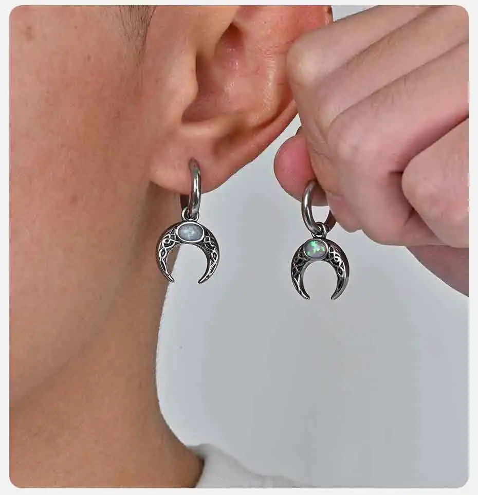 Vnox Vintage-Creolen aus Edelstahl für Männer und Frauen, Unisex-Retro-Naturstein-Mond-Anhänger, modischer Unisex-Schmuck – Detail 6