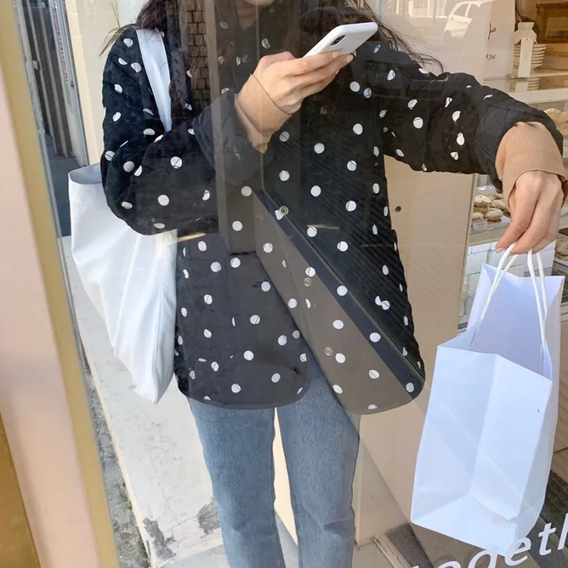 

2023 Autumn Winter Casual Chic Style Single Breasted Parkas Dot Print Jacket For Women Warm Outerwear Fashion Long Sleeve Coat