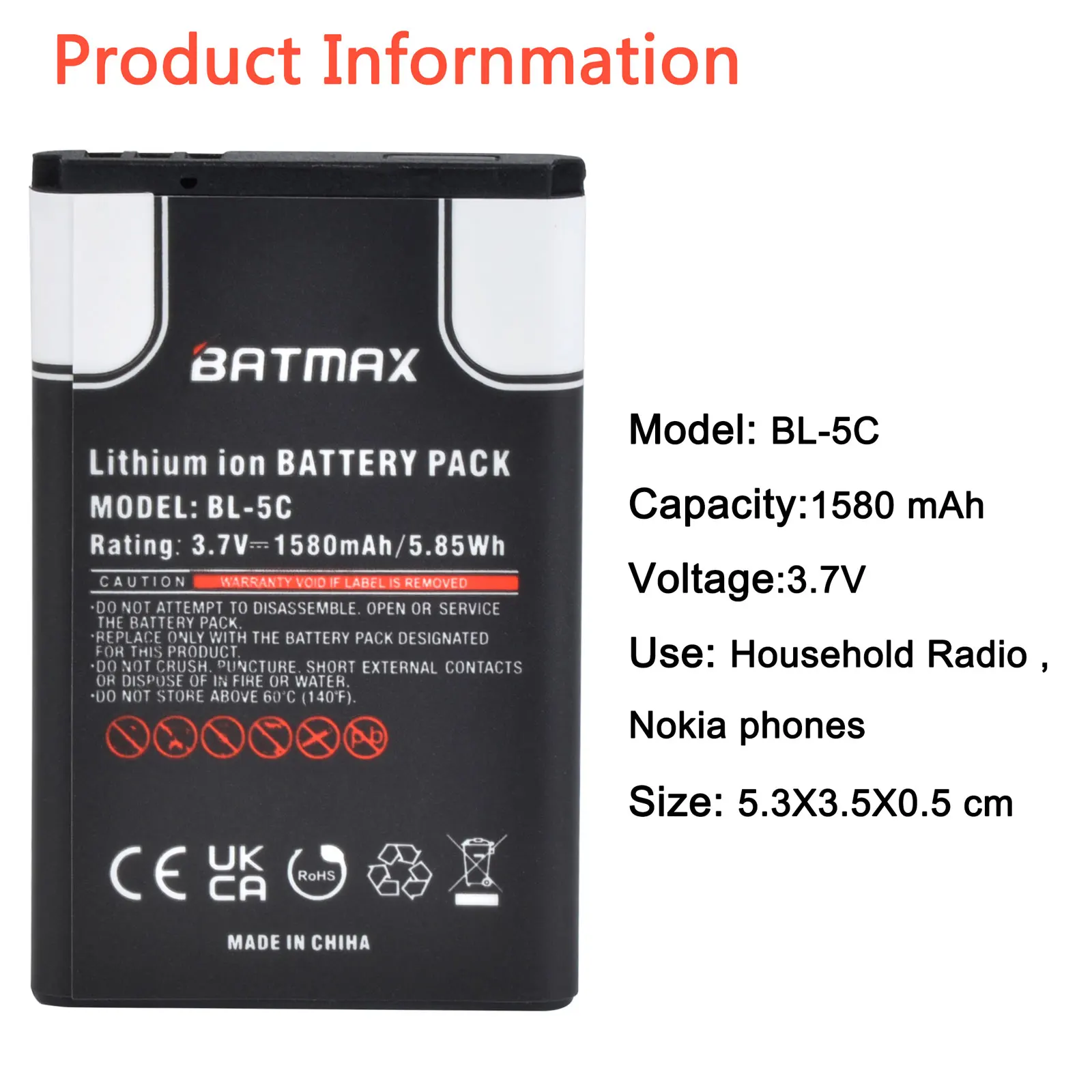 1580mAh BL-5C BL5C BL 5C batteria del telefono agli ioni di litio per Nokia 2112 2118 2255 2270 2280 2300 2600 2610 3125 3230 - immagine 4