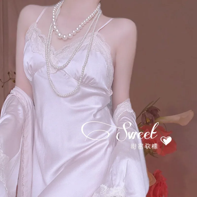 2pcs Nightgowns Women Silky Sweet Nightgowns Lovely French Elegant Nightdress Skin-friendly Leisure Sleepwear Nightwear Pajamas