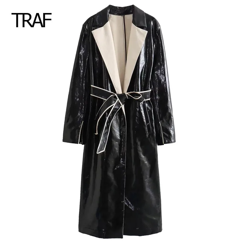 

TRAF Leather Long Coat Women's Windbreaker Autumn Winterlong Sleeve Jacket With Belt Demi-Season Women New Collection Cardigan