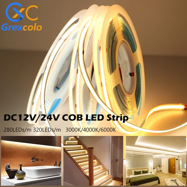 Flexível COB Luzes LED Strip, Fita FOB de alta densidade, Fita LED, DC 12V  24V, 280 320 LEDs por m, 3000K 4000K 6000K, 5m por lote - AliExpress