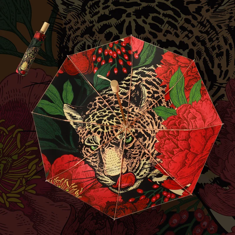 

High-end Three-folding Sunny and Rainny Umbrella Leopard Phoenix Swan Design Red Gold Summer Sun-block Umbrellas