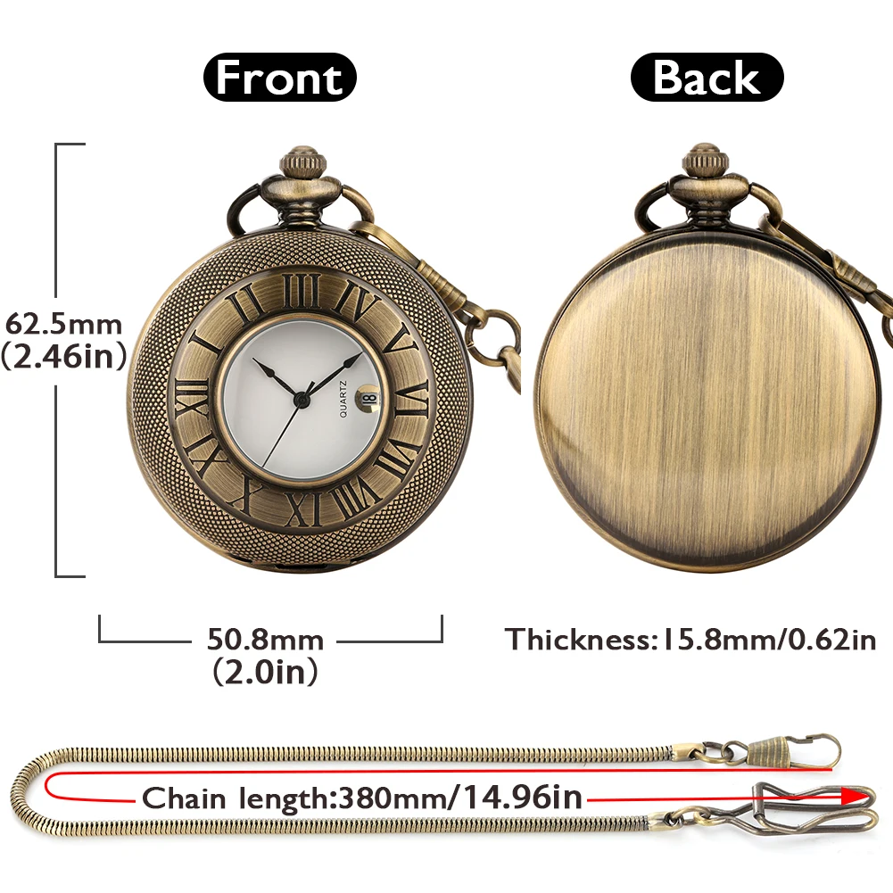 Orologio da tasca con data orologi da tasca al quarzo con numeri romani minimalisti con calendario orologi pendenti per coppie neri/oro/argento/bronzo