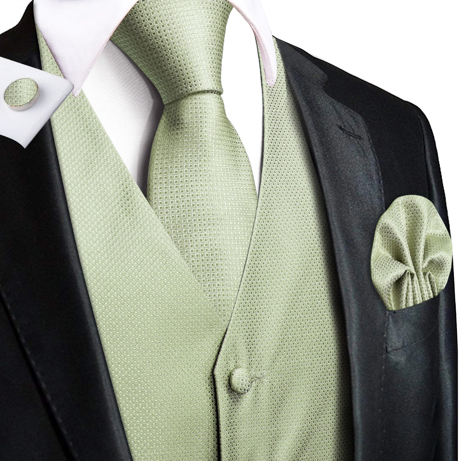 Hi-Tie Sage Green Solid Silk Mens Suit Vests 4PC Woven Waistcoat Tie Pocket Square Cufflinks Business Wedding Dress Waist Jacket 3